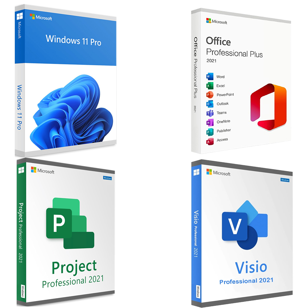 Pachet special 4 in 1: Licente digitale Windows 11 PRO + Office 2021 PRO PLUS + Visio 2021 + Project 2021